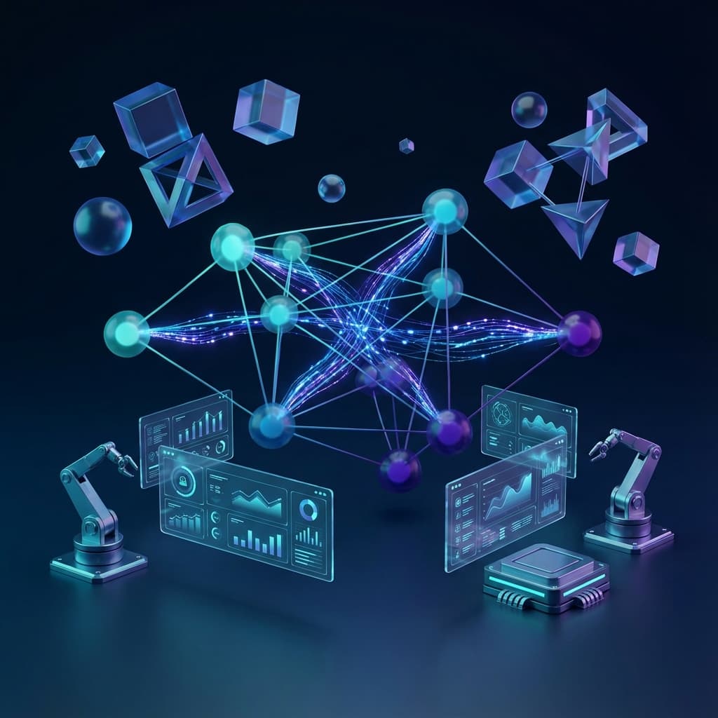 Futuristic 3D illustration of AI neural networks connecting enterprise dashboards and robotic automation systems with glowing cyan and purple data streams