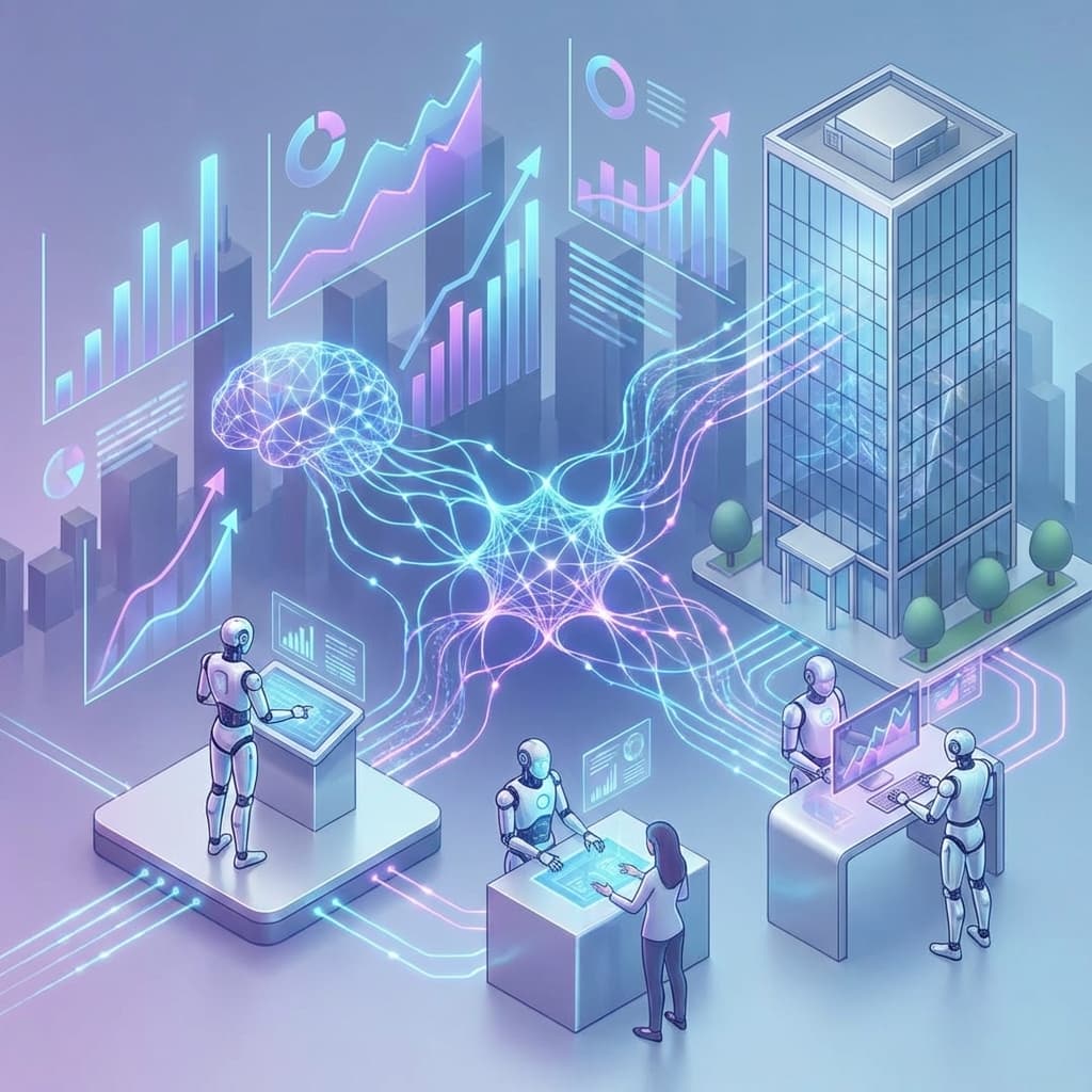 Futuristic 3D illustration of AI and machine learning consultancy neural networks connected to enterprise buildings