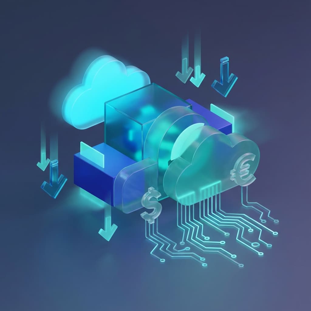 Futuristic 3D illustration of cloud cost optimization showing geometric cloud shapes with cost indicators and efficient data structures