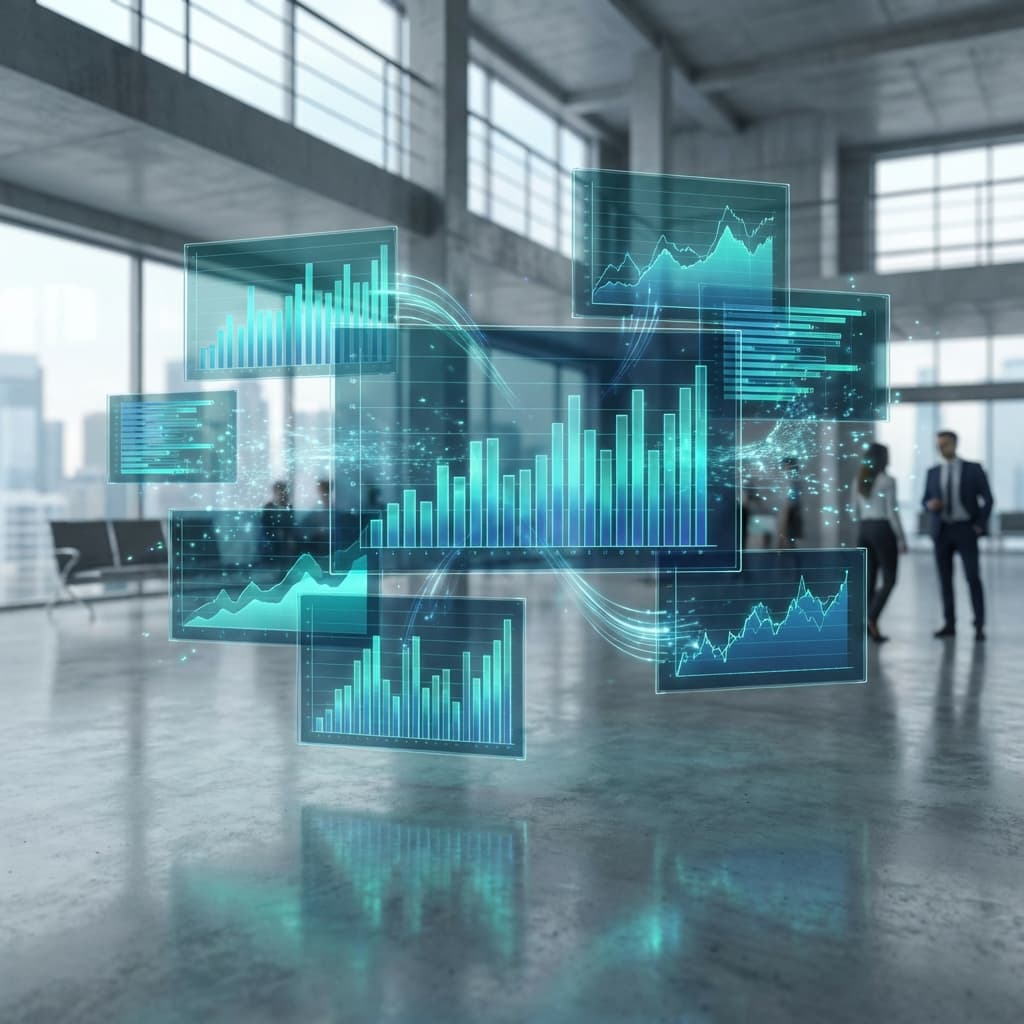 Modern 3D visualization of enterprise analytics dashboards with floating glass charts and data streams