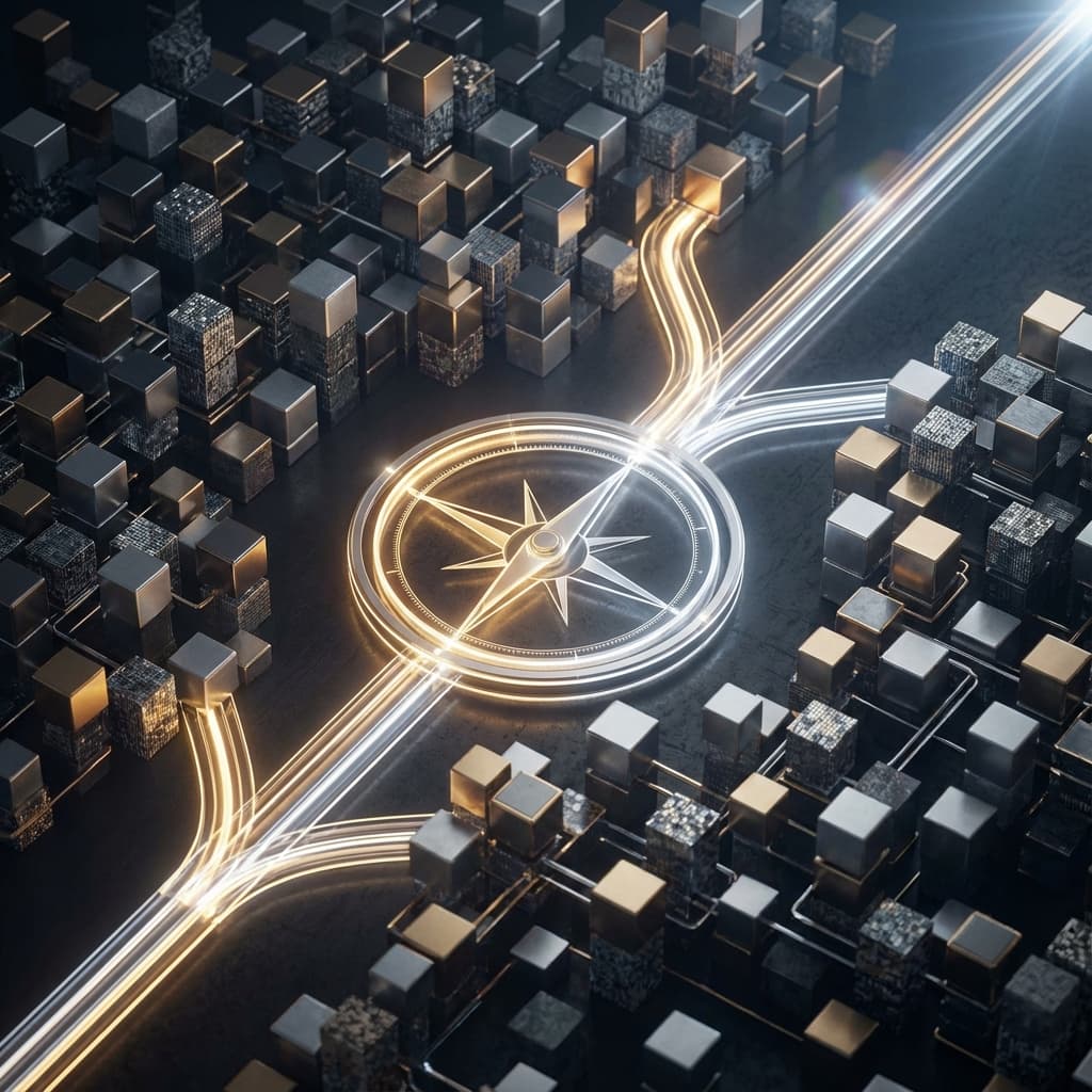 Conceptual 3D illustration of future data strategy showing a glowing digital compass guiding through complex data networks