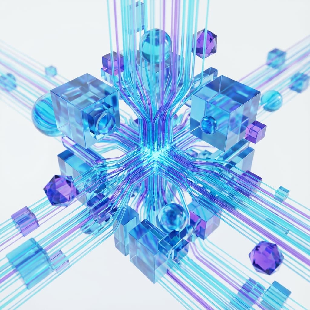 Futuristic 3D crystalline structure with glowing cyan and purple data streams, representing the clarity of generative intelligence