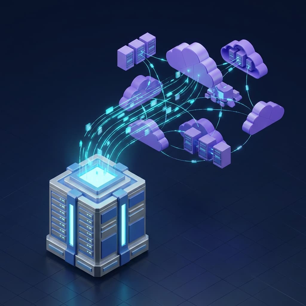 A futuristic 3D conceptual illustration of cloud data migration. Glowing cyan data streams flowing from a rigid on-prem server structure into a boundless, floating purple cloud architectures. High-tech, isometric.