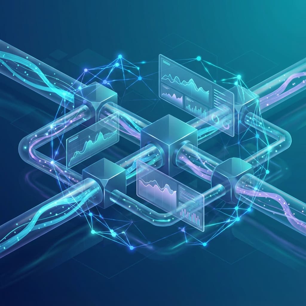 Futuristic 3D illustration of real-time analytics showing glowing cyan data streams flowing through geometric pipelines with floating dashboards