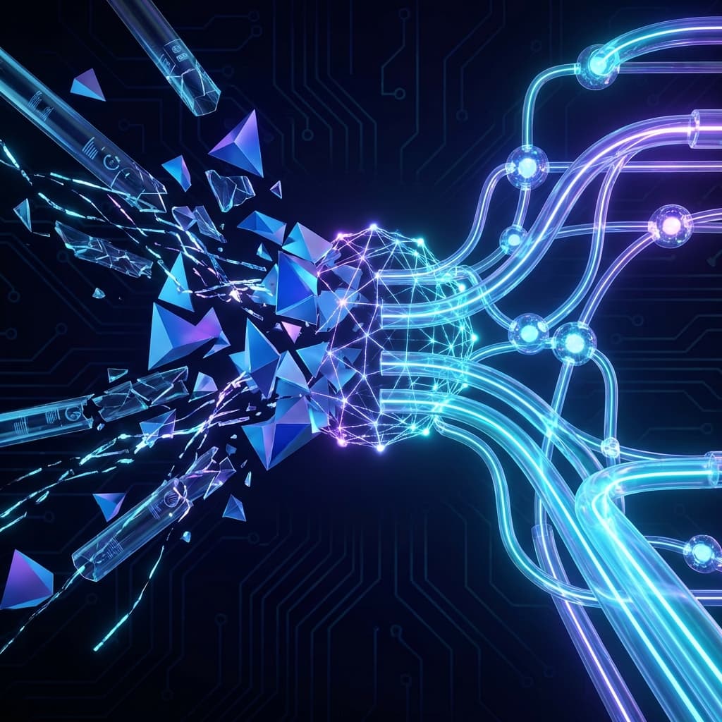 Futuristic 3D visualization of fragmented data pipelines transforming into unified flowing networks with cyan and purple accents